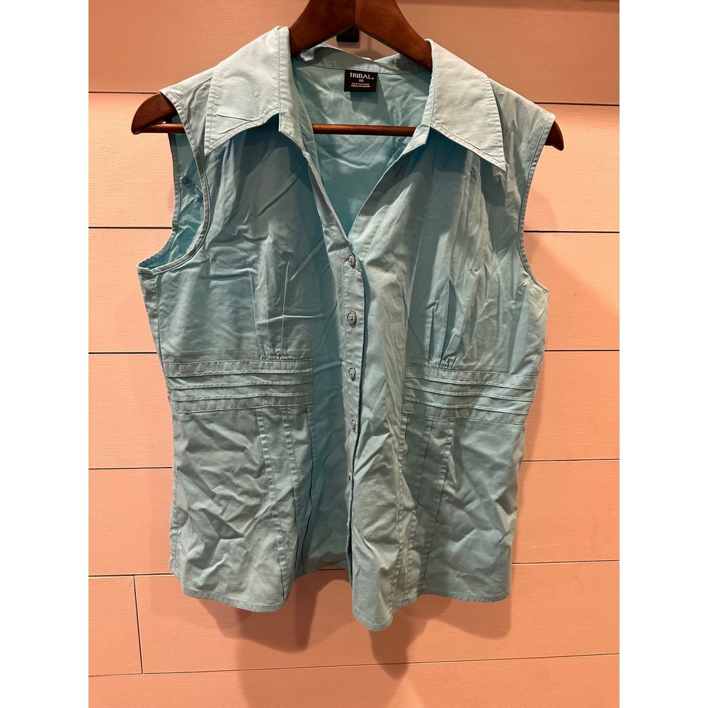 Tribal Womens Light Blue Sleeveless Button Down Shirt Tailored Waist Top 10